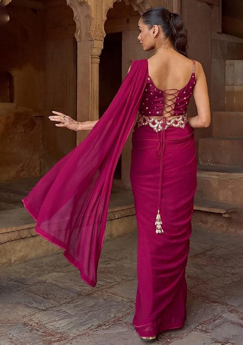 Pink Hand Work Embellished Pre Draped Saree Set - Indya