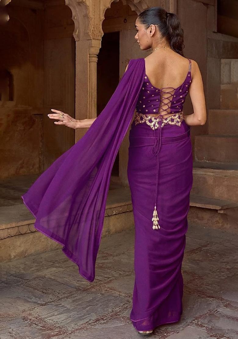 Purple Hand Work Embellished Pre Draped Saree Set - Indya