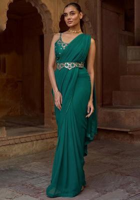 Teal Green Hand Work Embellished Pre Draped Saree Set