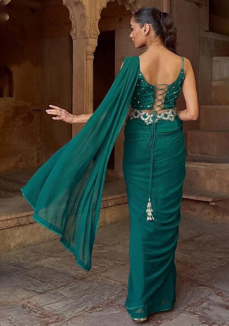 Teal Green Hand Work Embellished Pre Draped Saree Set - Indya