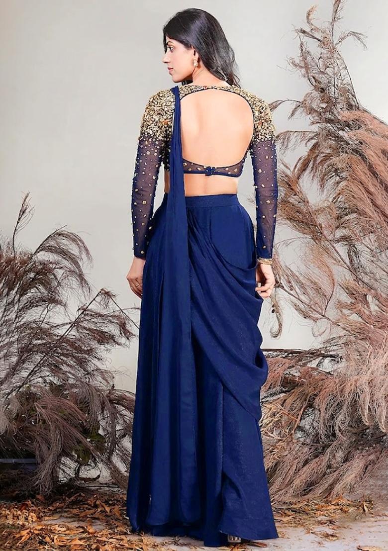 Blue Hand Work Embellished Pre Draped Saree Set - Indya
