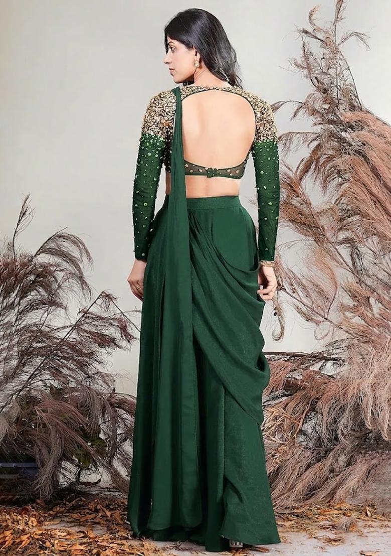 Green Hand Work Embellished Pre Draped Saree Set - Indya