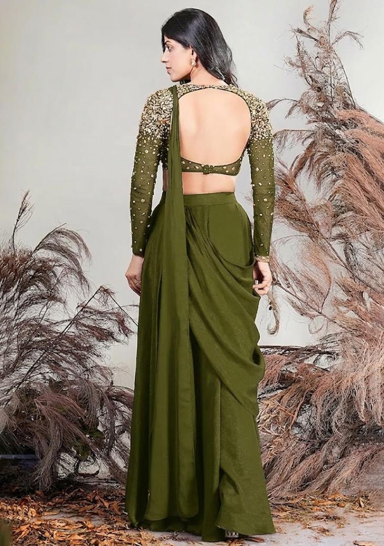 Olive Green Hand Work Embellished Pre Draped Saree Set - Indya
