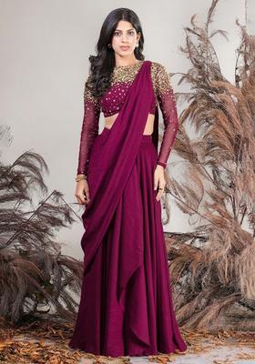 Pink Hand Work Embellished Pre Draped Saree Set