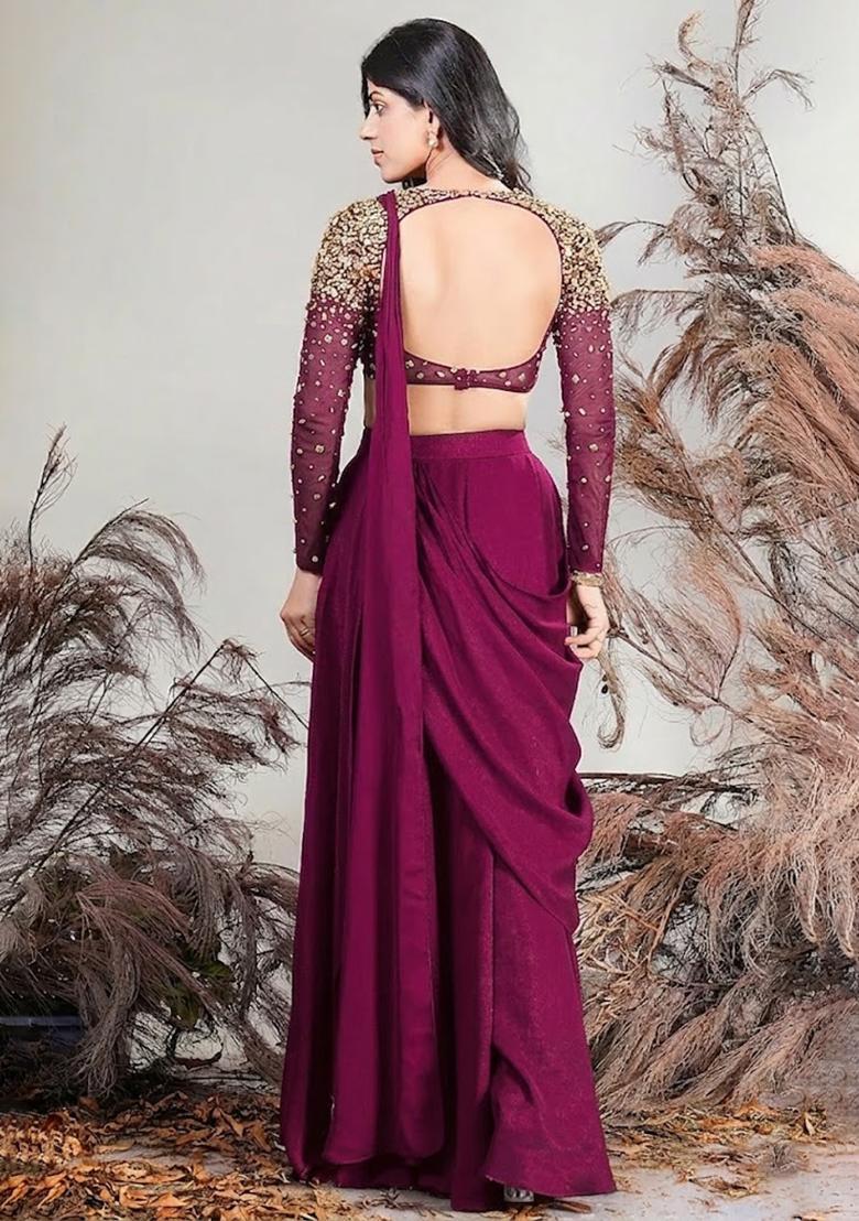 Pink Hand Work Embellished Pre Draped Saree Set - Indya