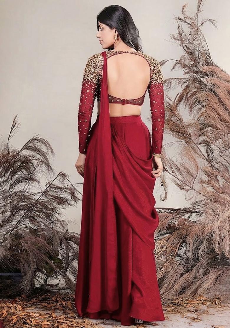 Red Hand Work Embellished Pre Draped Saree Set - Indya