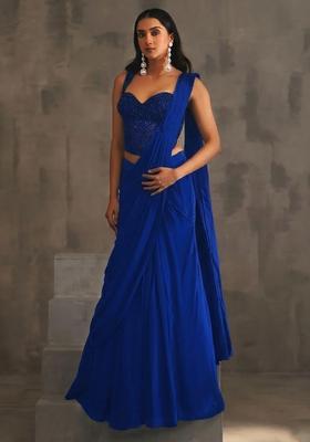 Blue Hand Work Embellished Pre Draped Saree Set