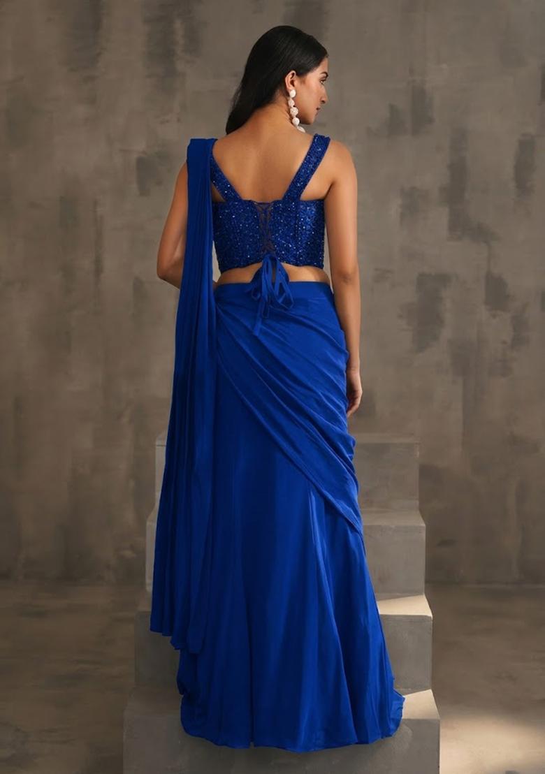 Blue Hand Work Embellished Pre Draped Saree Set - Indya