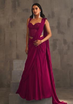 Pink Hand Work Embellished Pre Draped Saree Set