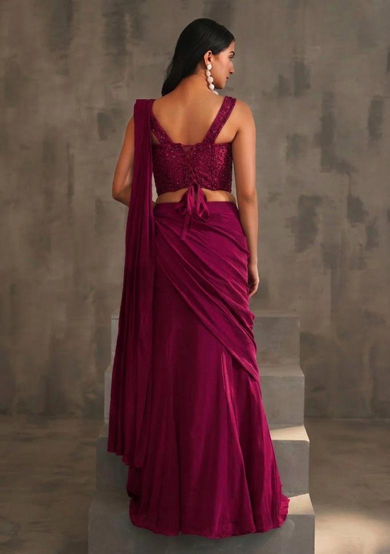 Pink Hand Work Embellished Pre Draped Saree Set - Indya