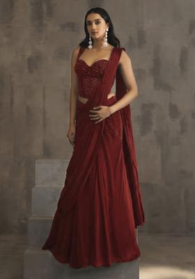 Red Hand Work Embellished Pre Draped Saree Set