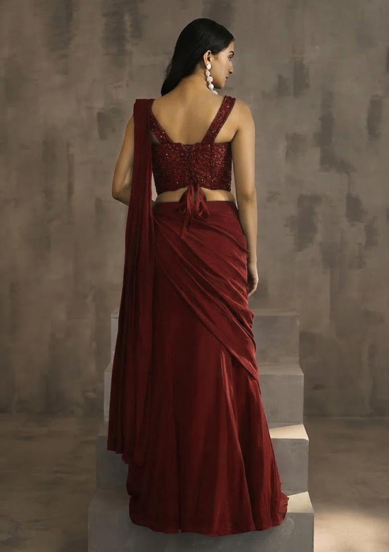 Red Hand Work Embellished Pre Draped Saree Set - Indya
