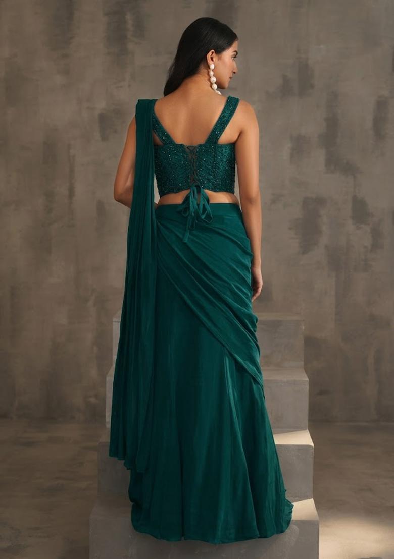 Teal Green Hand Work Embellished Pre Draped Saree Set - Indya