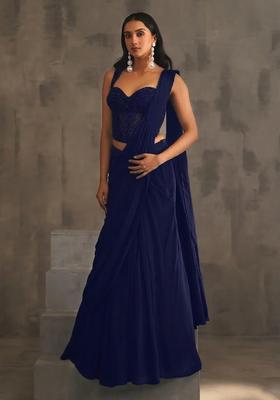 Violet Hand Work Embellished Pre Draped Saree Set