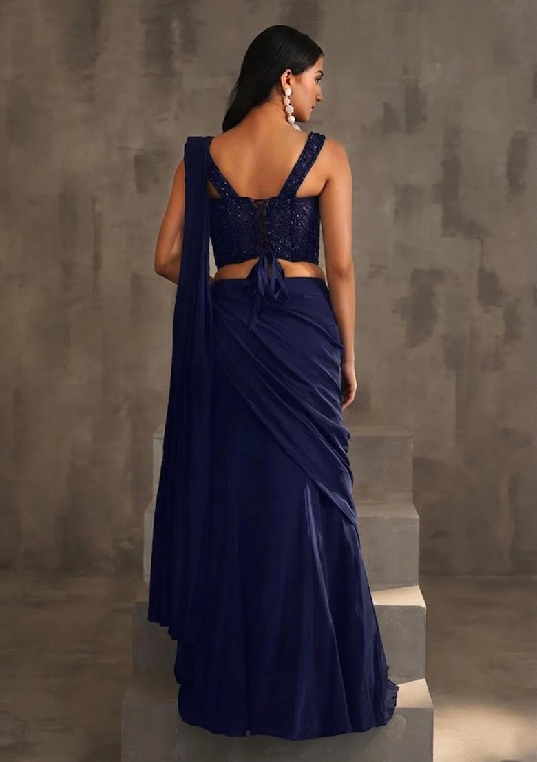 Violet Hand Work Embellished Pre Draped Saree Set - Indya
