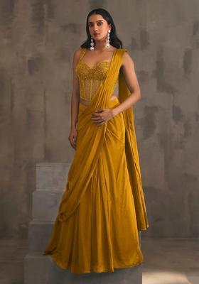 Yellow Hand Work Embellished Pre Draped Saree Set