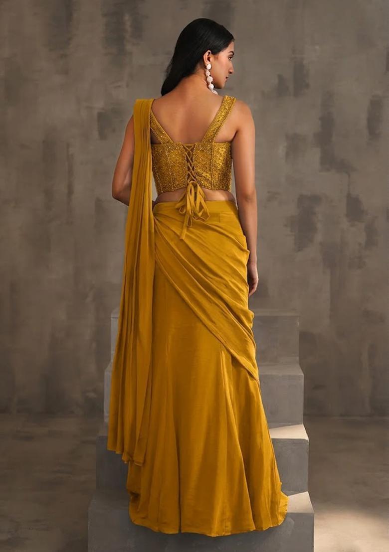 Yellow Hand Work Embellished Pre Draped Saree Set - Indya