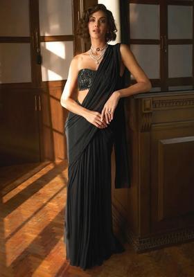 Black Hand Work Sequin Pre Draped Saree Set