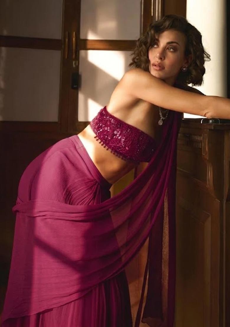 Purple Hand Work Sequin Pre Draped Saree Set - Indya