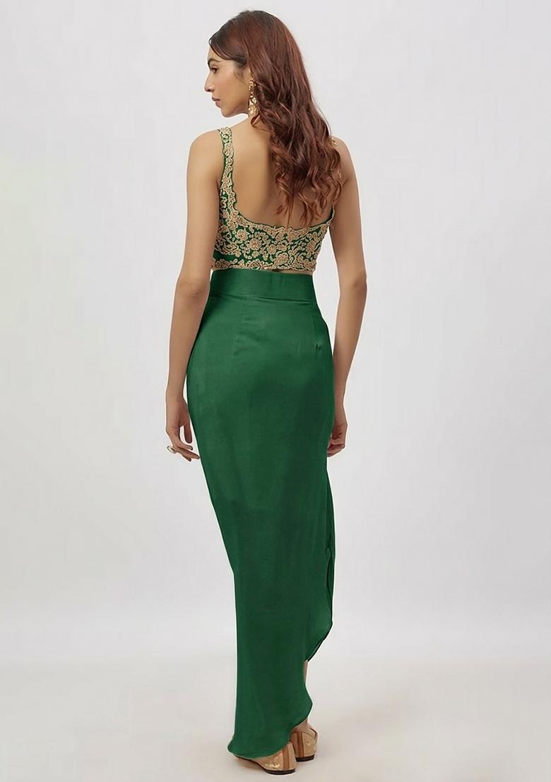 Dark Green Hand Work Embroidered Fusion Set - Indya