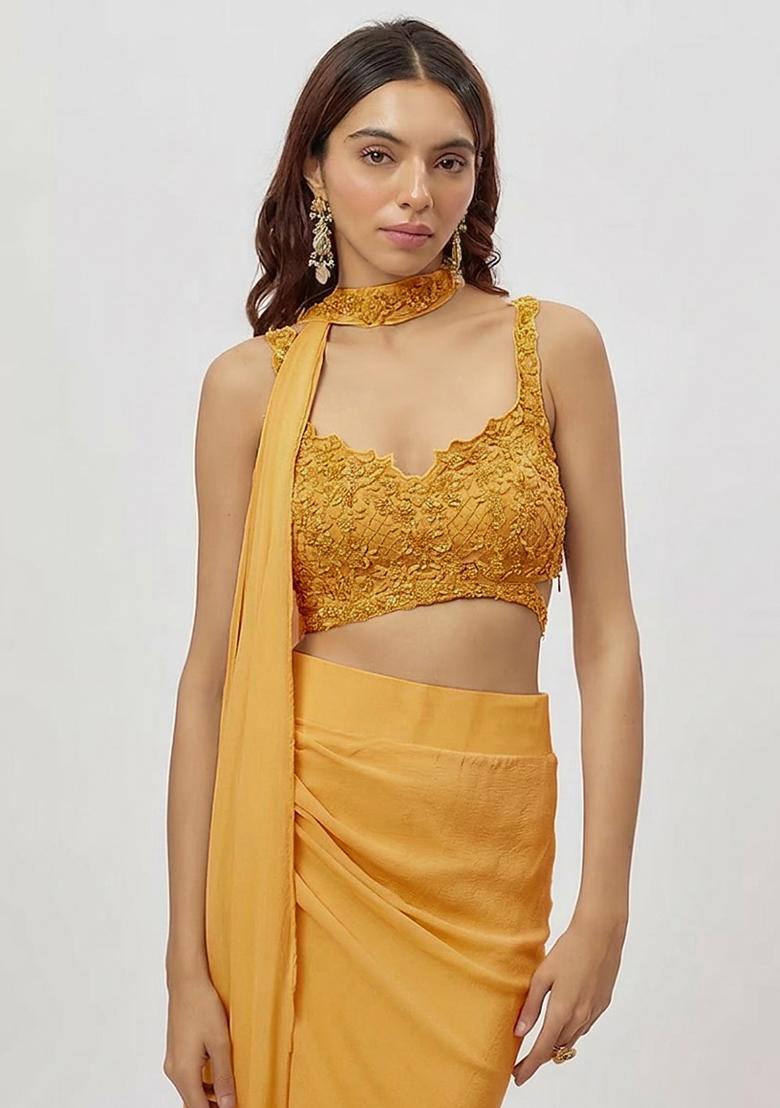 Light Yellow Hand Work Embroidered Fusion Set - Indya