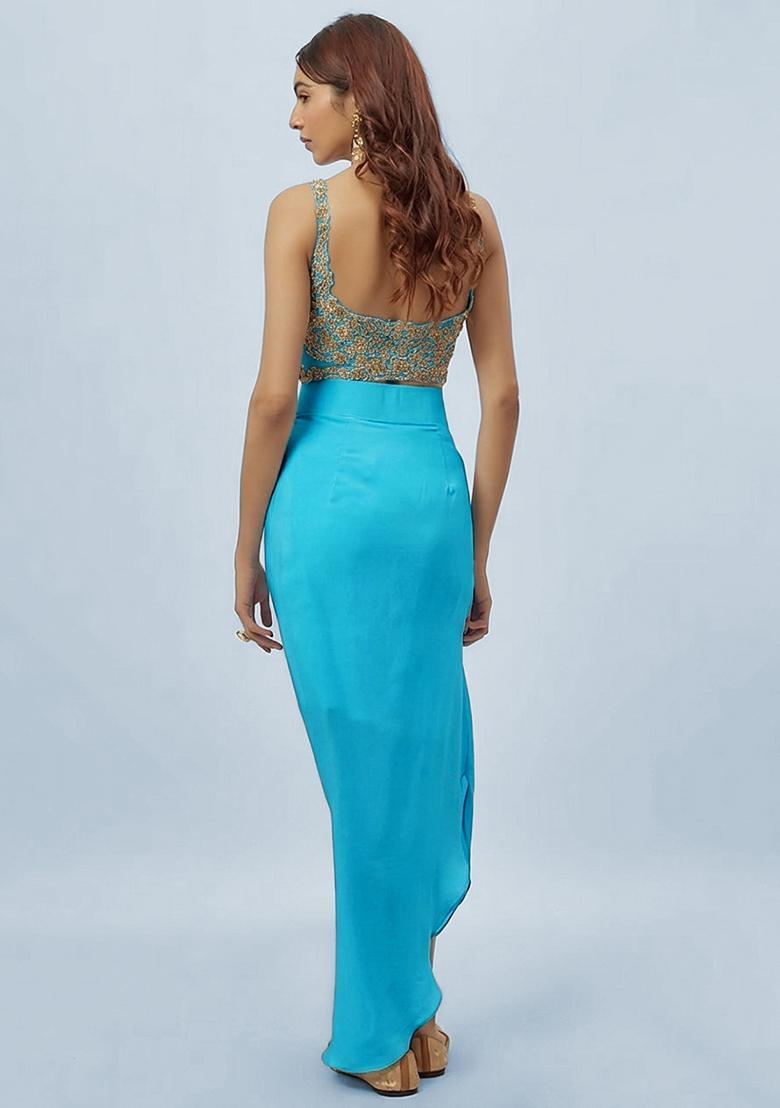 Deep Blue Hand Work Embroidered Fusion Set - Indya