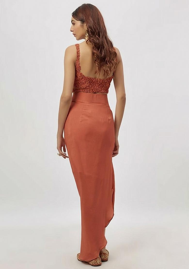 Warm Brown Hand Work Embroidered Fusion Set - Indya