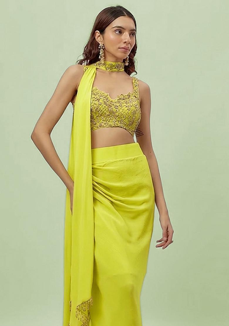 Lime Green Hand Work Embroidered Fusion Set - Indya