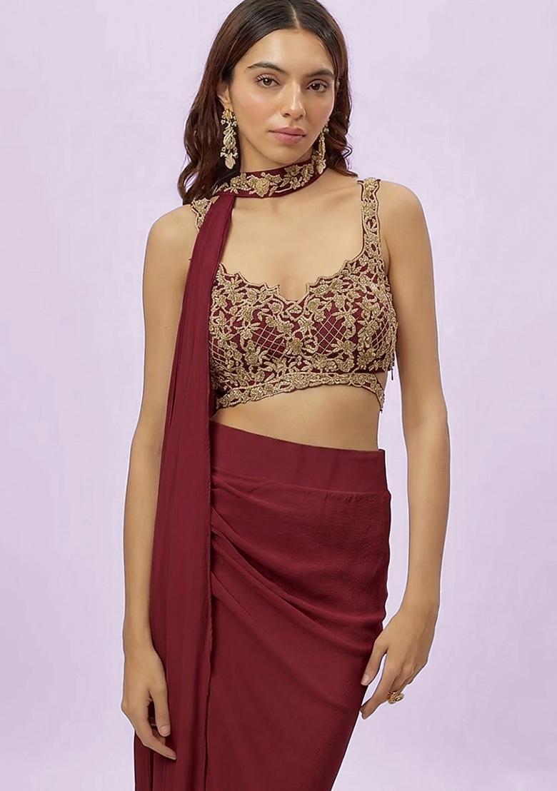 Deep Red Hand Work Embroidered Fusion Set - Indya