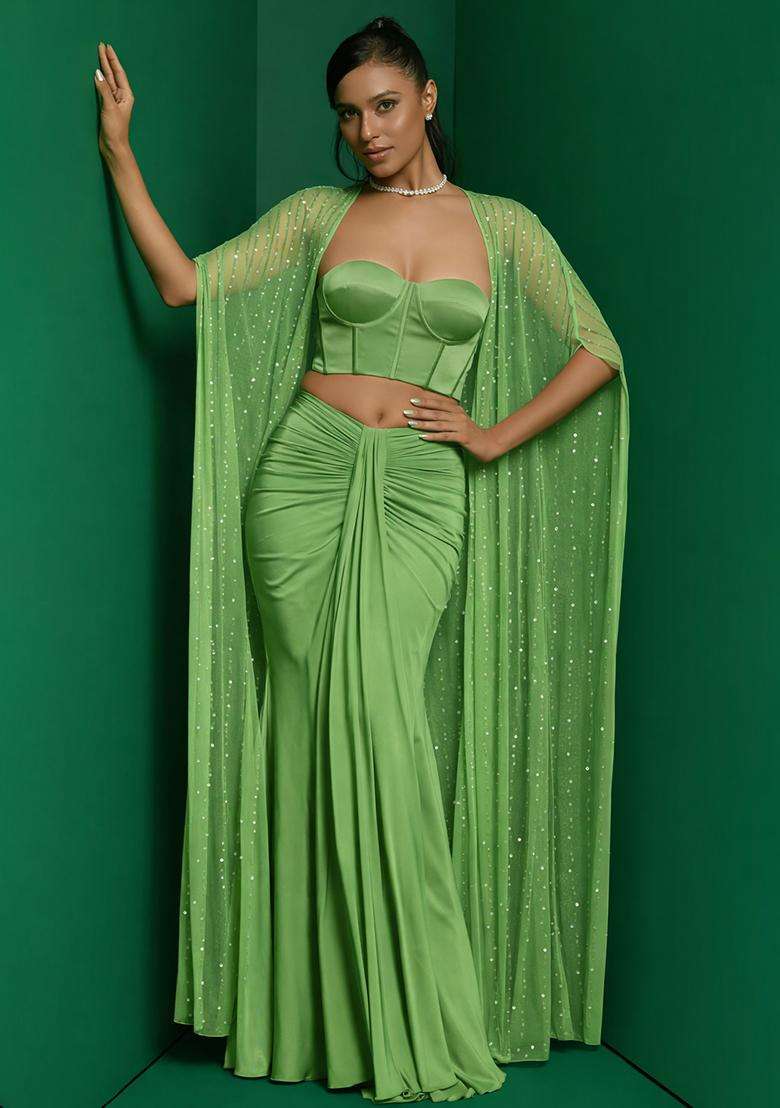 Light Green Hand Work Sequin Fusion Set - Indya