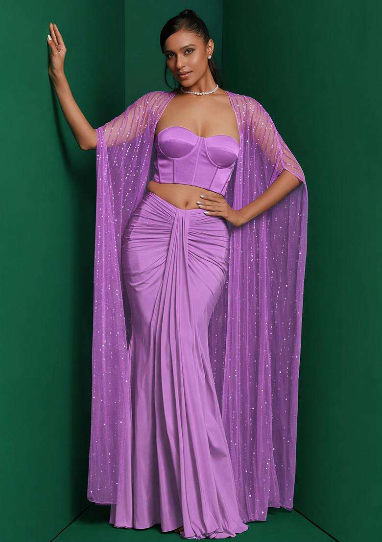 Purple Hand Work Sequin Fusion Set - Indya
