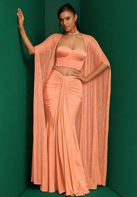 Peach Hand Work Sequin Fusion Set