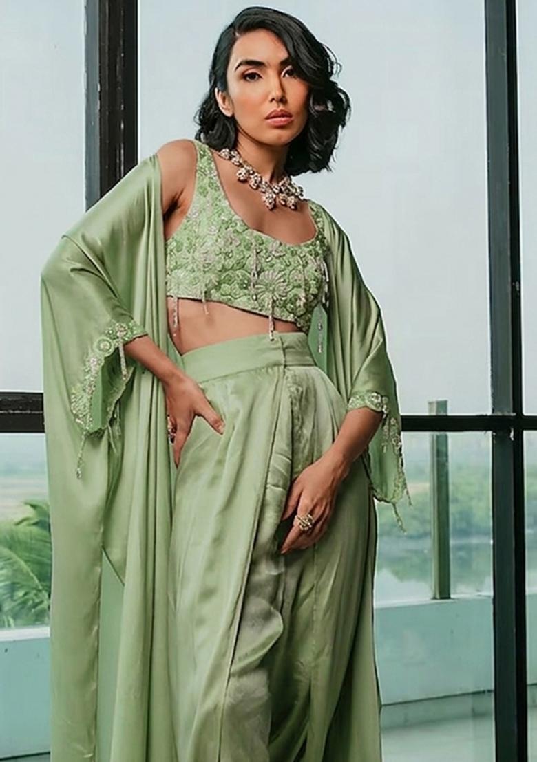Light Green Hand Work Embellished Fusion Set - Indya