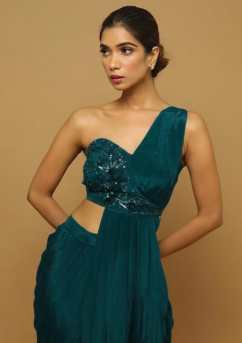 Teal Green Hand Work Embellished Fusion Set - Indya