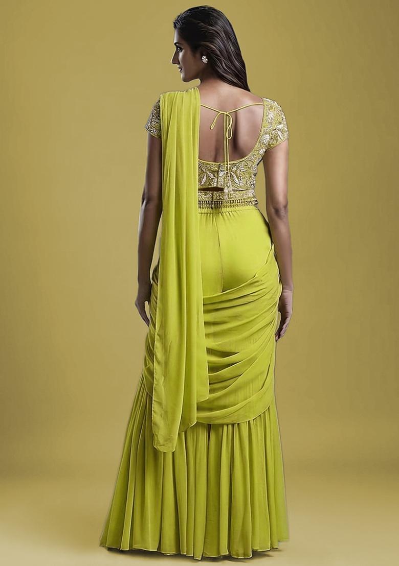 Lime Green Hand Work Embellished Fusion Set - Indya