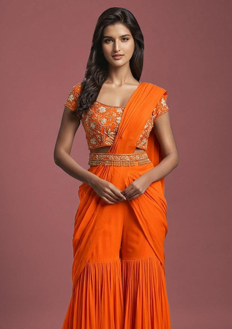 Bright Orange Hand Work Embellished Fusion Set - Indya