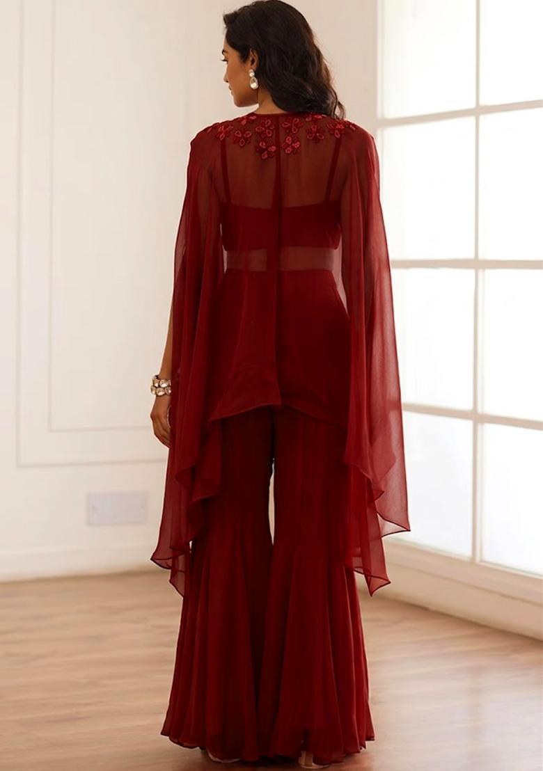 Deep Red Hand Work Embellished Fusion Set - Indya