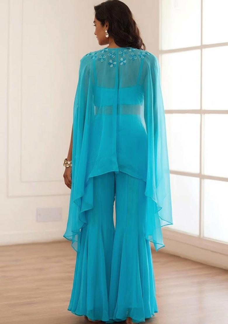 Aqua Blue Hand Work Embellished Fusion Set - Indya