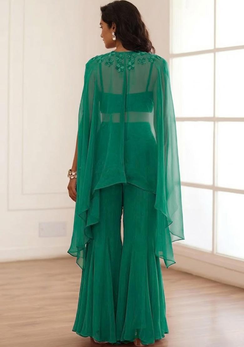 Emerald Green Hand Work Embellished Fusion Set - Indya