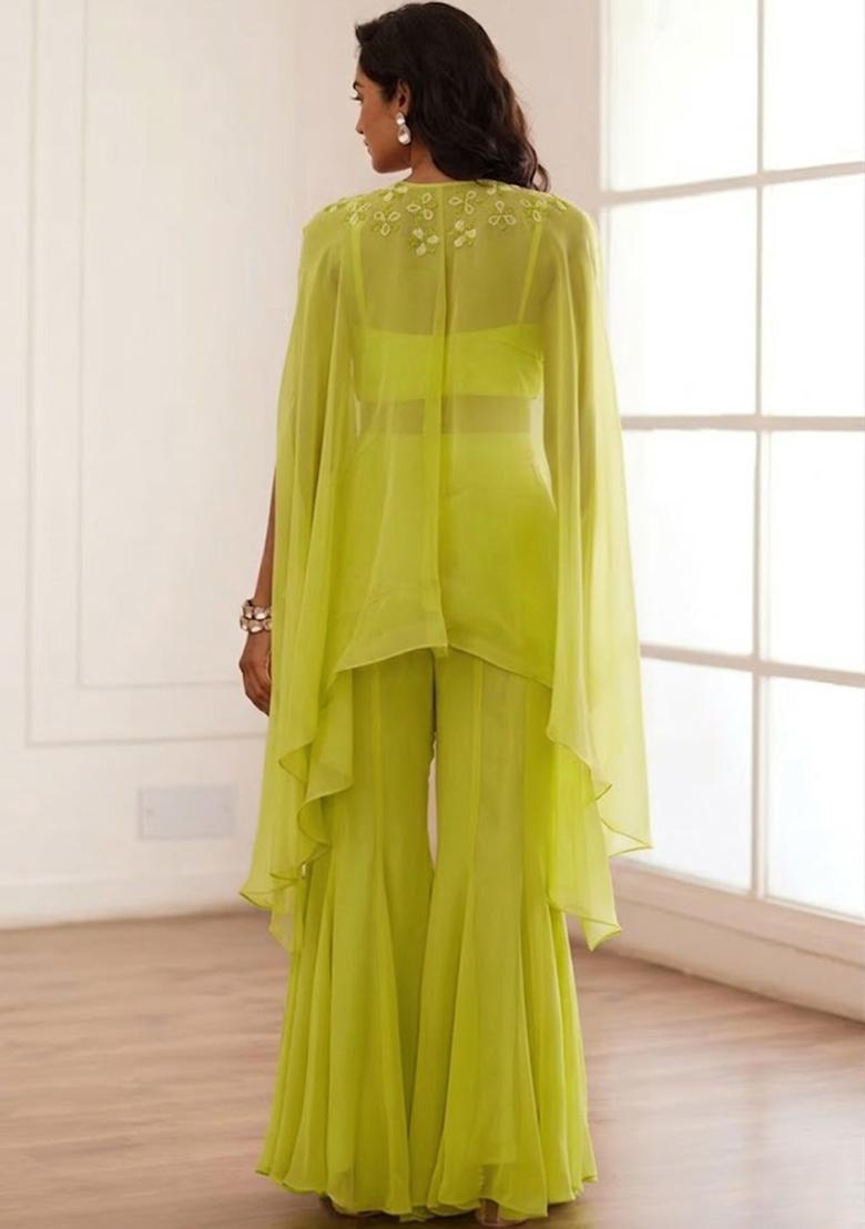 Light Green Hand Work Embellished Fusion Set - Indya
