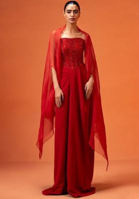 Bright Red Hand Work Embellished Fusion Set