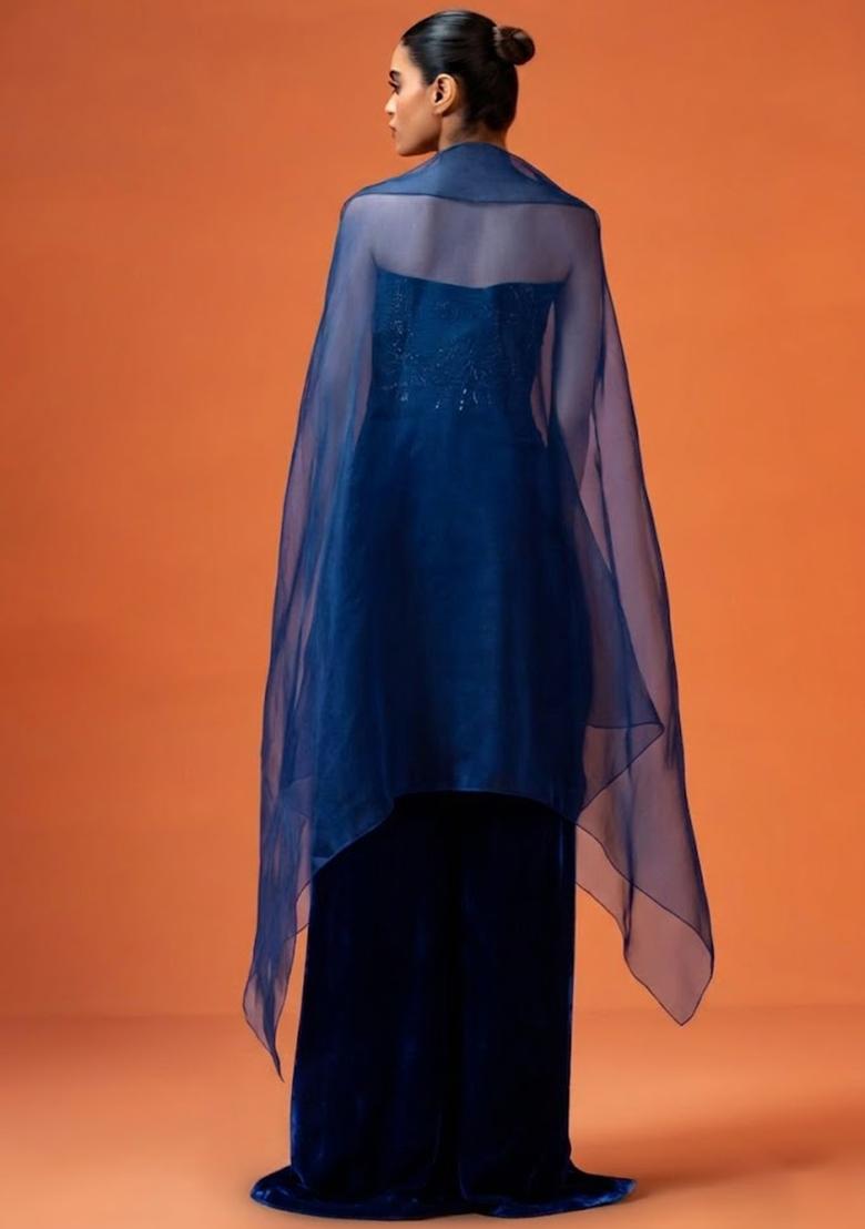 Royal Blue Hand Work Embellished Fusion Set - Indya