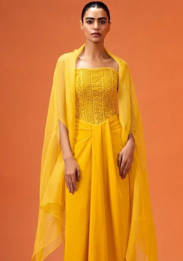 Bright Yellow Hand Work Embellished Fusion Set - Indya