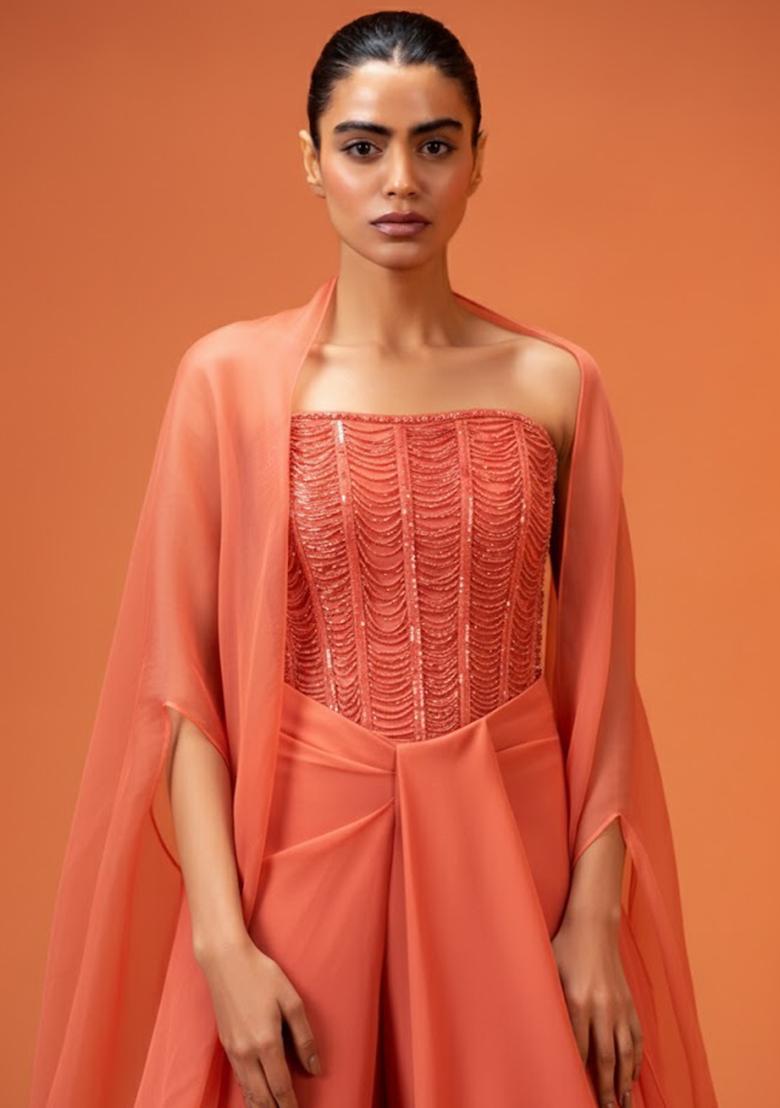 Coral Hand Work Embellished Fusion Set - Indya