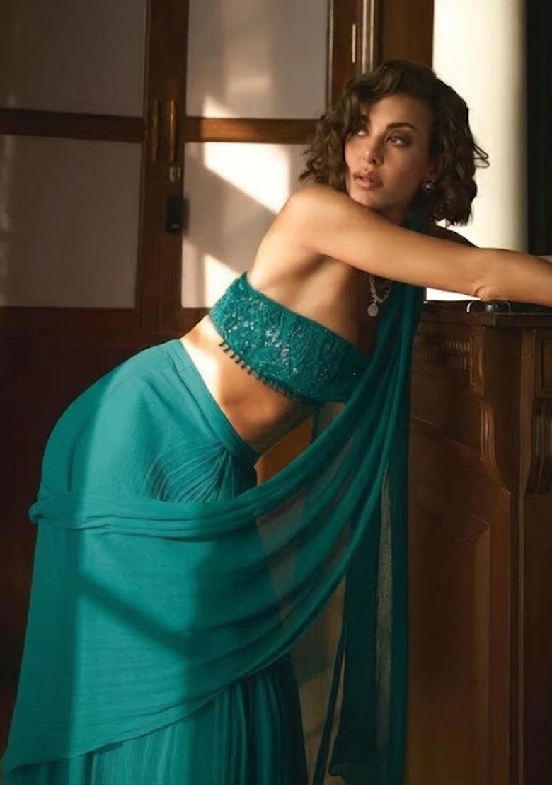 Teal Green Hand Work Sequin Pre Draped Saree Set - Indya