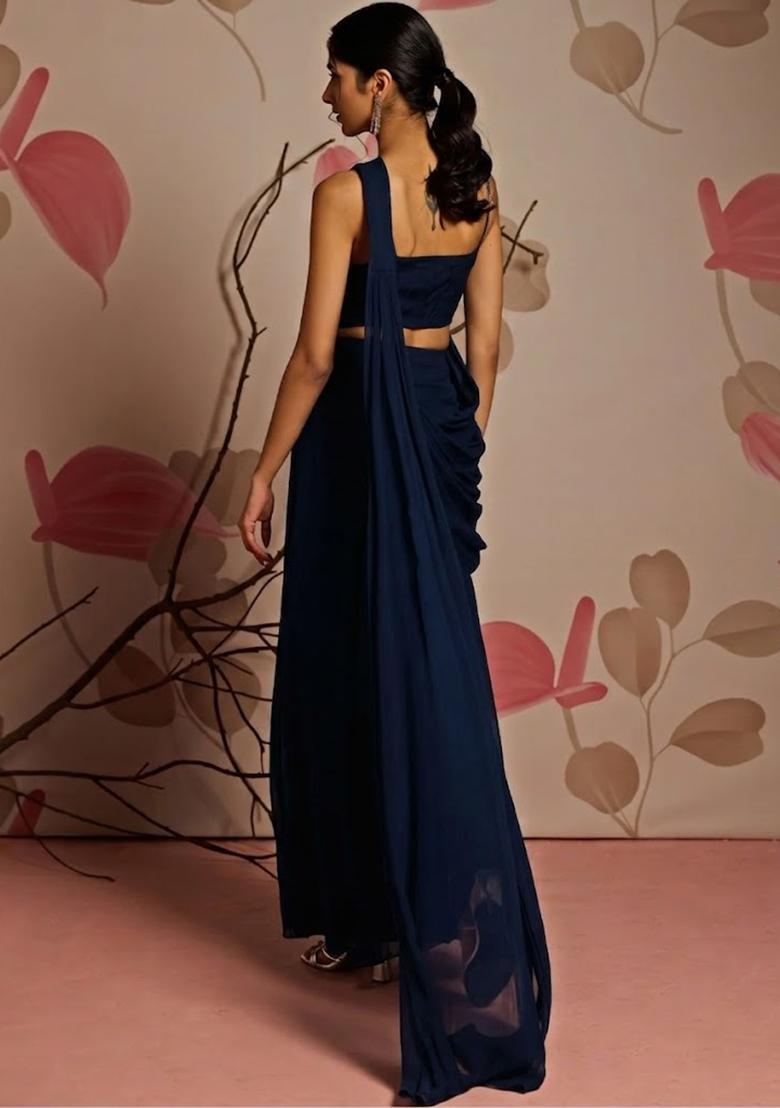 Dark Blue Hand Work Embellished Pre Draped Saree Set - Indya