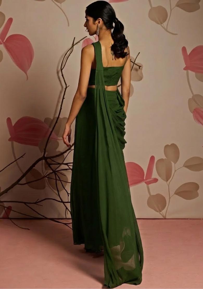 Green Hand Work Embellished Pre Draped Saree Set - Indya