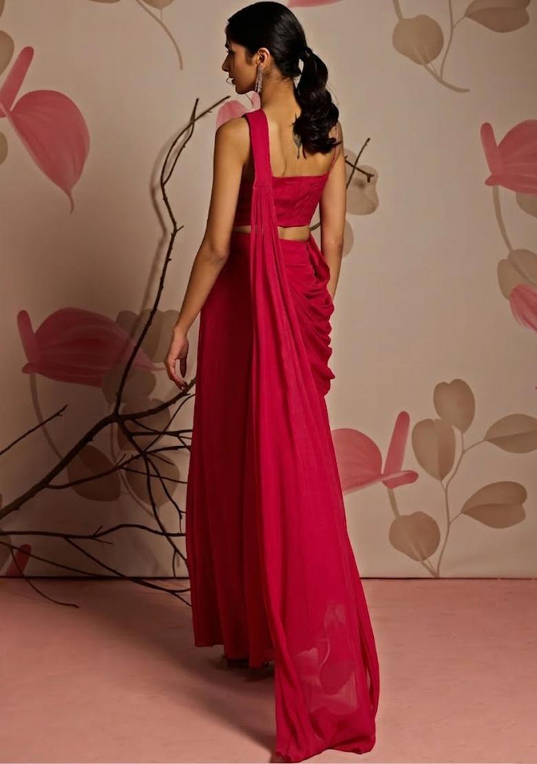 Hot Pink Hand Work Embellished Pre Draped Saree Set - Indya