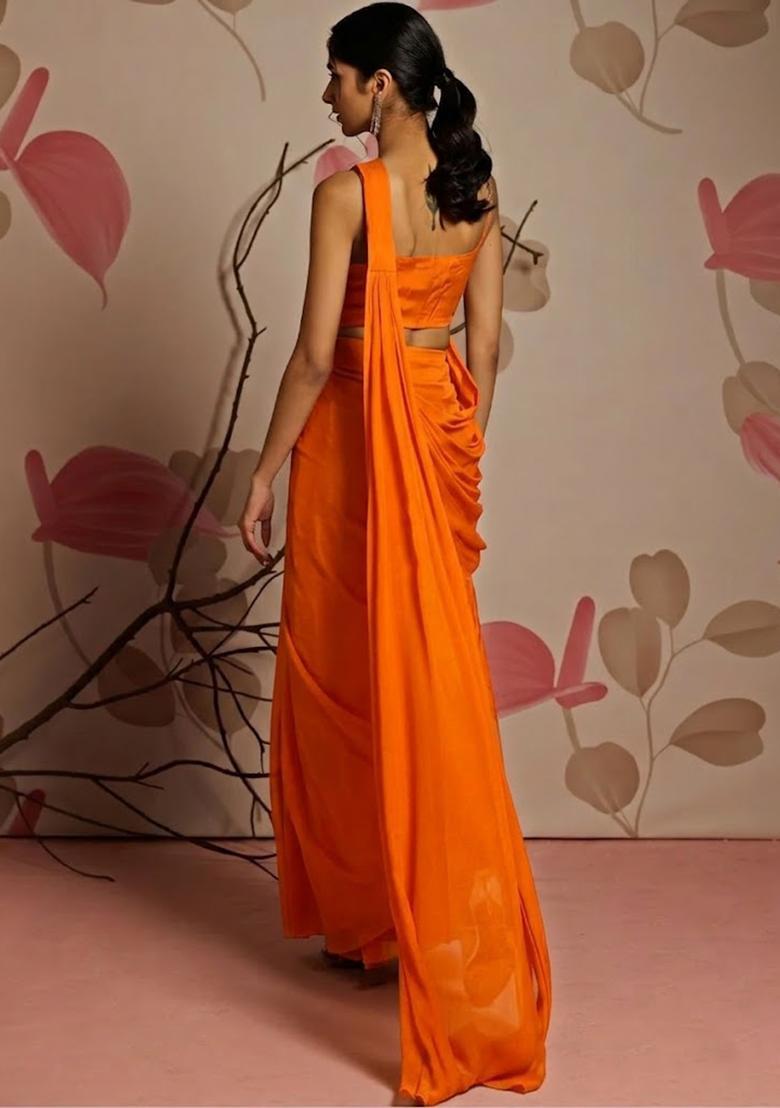 Bright Orange Hand Work Embellished Pre Draped Saree Set - Indya