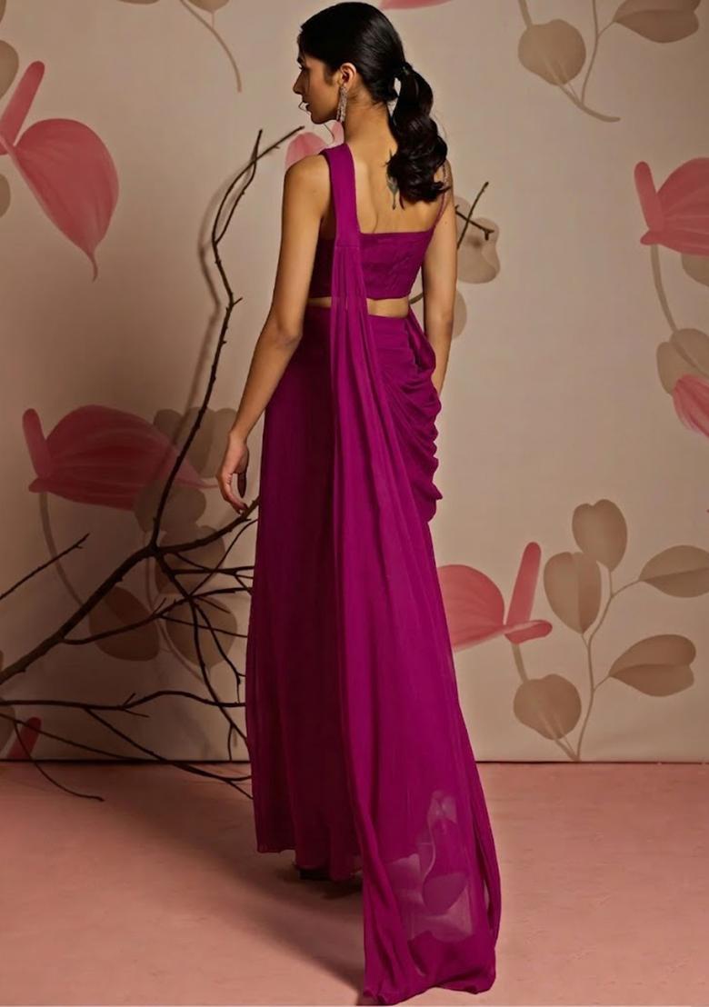 Pink Hand Work Embellished Pre Draped Saree Set - Indya